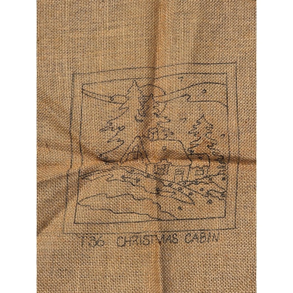Burlap Fabric Christmas Cabin Print W Cushing Maine vintage rug hooking